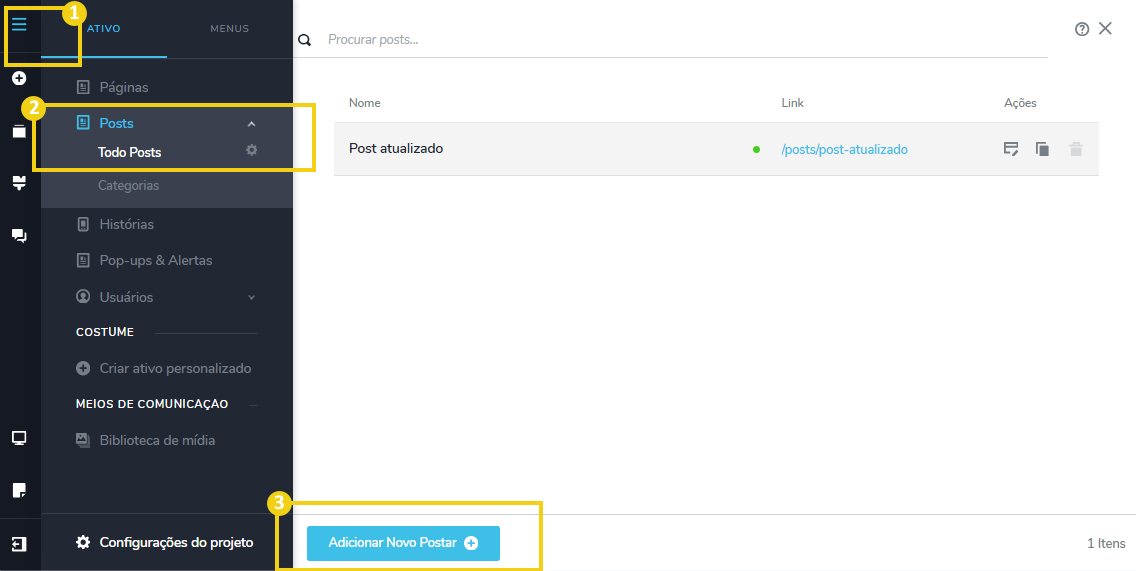 Tela de gerenciamento do painel do Criador de Sites com IA, sem posts publicados, indicando a opção de adicionar novo post.