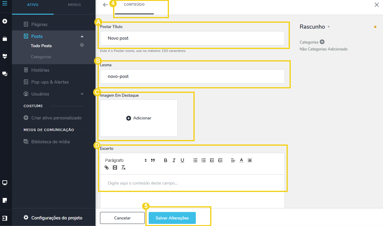 Imagem da tela de edição de Post no Criador de Sites com IA mostrando campos para título do Post, descrição, imagem destaque e texto de exemplo