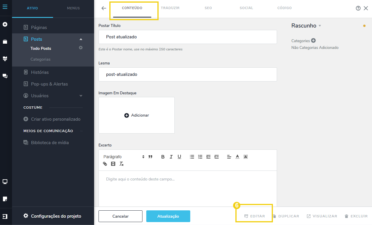 Imagem mostrando a interface do Criador de Sites com IA no gerenciamento de Conteúdo, com destaque na opção “Editar”.