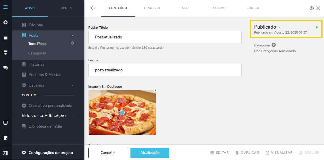Imagem mostra Criador de Sites com IA, na tela de gerenciamento de Posts, com sinalização a data de publicação com ícone verde.