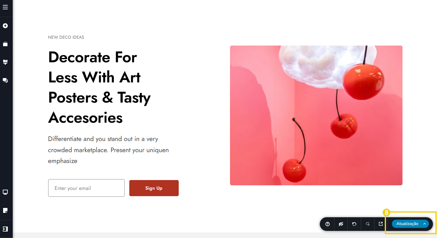 Imagem mostra site criado e menu de edição, com foco na opção “Atualização”.