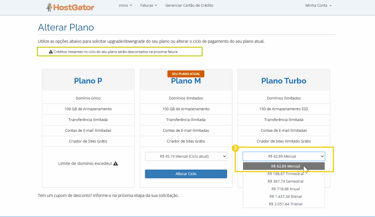 Tela do painel de gerenciamento de planos de hospedagem HostGator com opções de upgrade de planos, incluindo planos P, M e Turbo, destacando o plano Turbo com assinatura mensal de R$ 62,89.