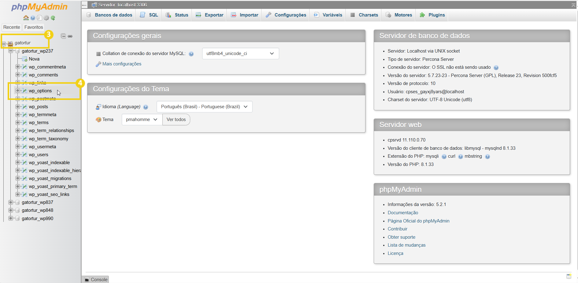 Imagem mostra a tela do painel phpMyAdmin