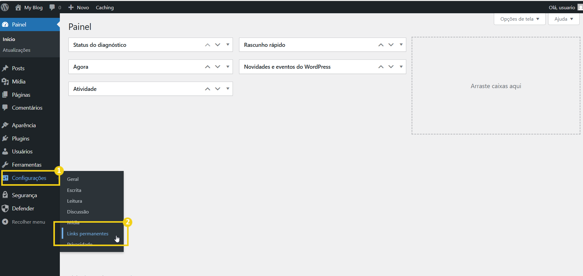 Imagem mostra a tela do painel editor do WordPress, com marcação no menu lateral em "Configurações" e em seguida em "Links permanentes"