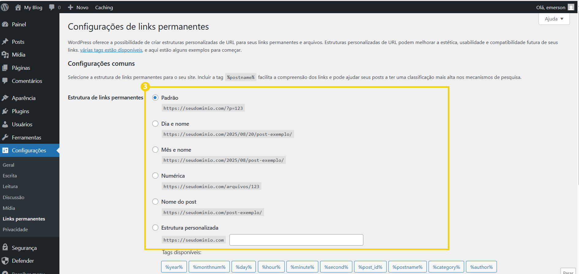 Imagem mostra a tela do painel editor do WordPress, com marcação nas configurações de links permanentes