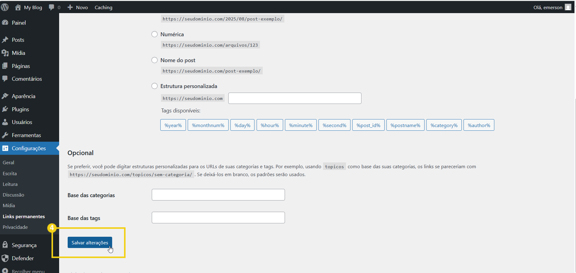 Imagem mostra a tela do painel editor do WordPress, com marcação no botão para salvar alterações