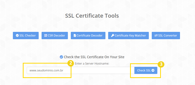 Tela de ferramentas para verificar certificados SSL, incluindo opções como SSL Checker, CSR Decoder, Certificate Decoder, Key Matcher e SSL Converter.