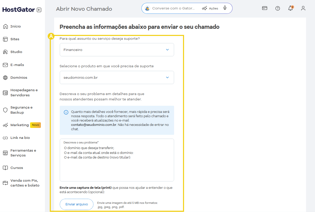 Tela de suporte do HostGator mostrando um formulário para preencher informações de contato e detalhes do problema para criar um chamado de suporte na categoria Financeira.
