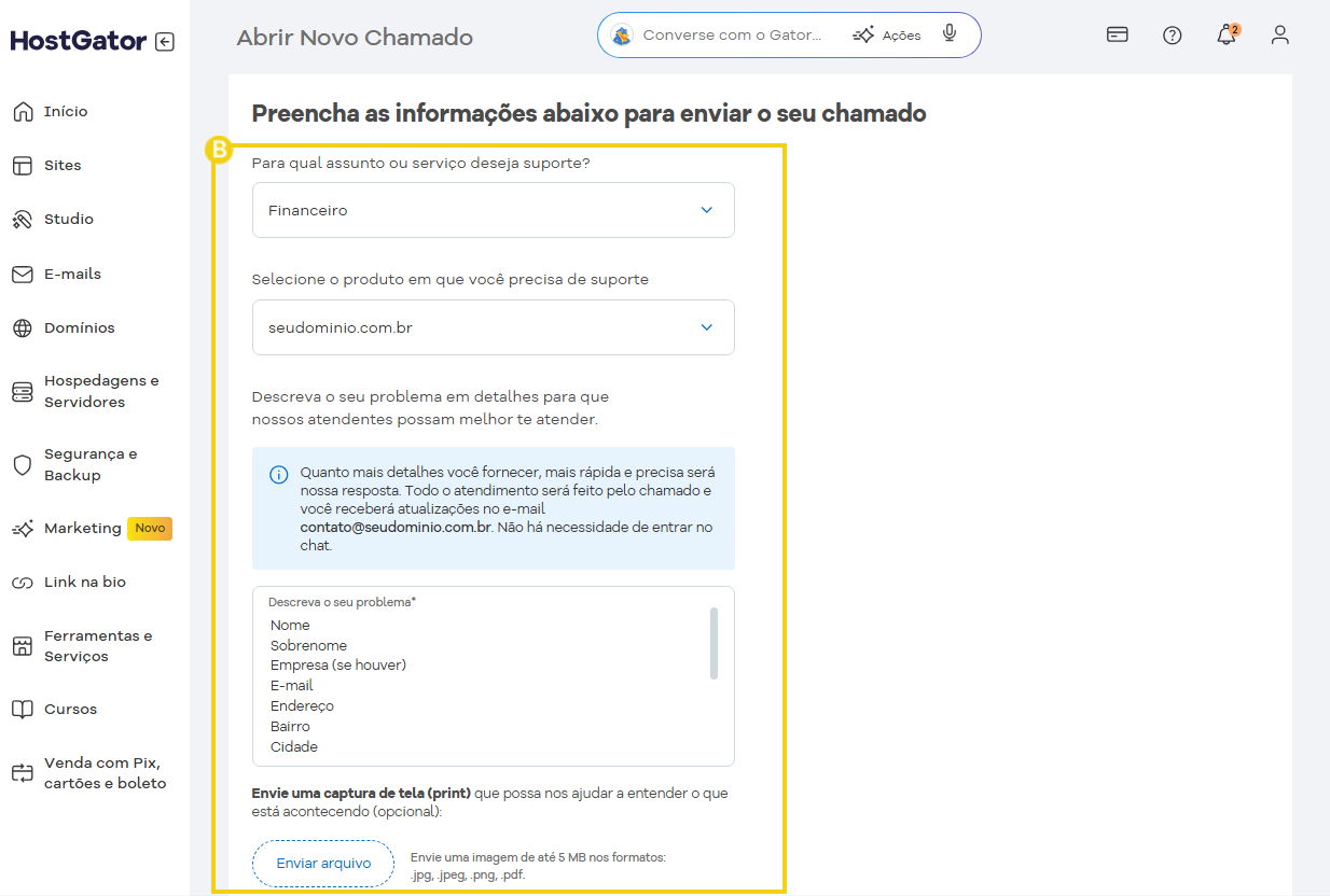 Tela de suporte do HostGator mostrando um formulário para solicitar apoio técnico na área financeira, com opções de produto e detalhes do problema.
