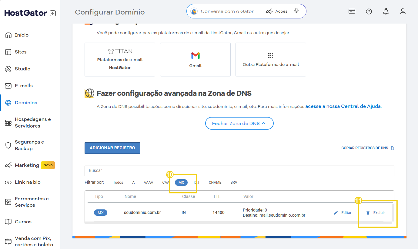 Imagem mostra a tela do Portal do Cliente para excluir a entrada MX