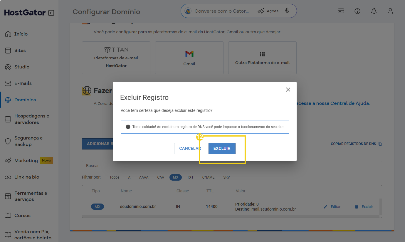Imagem mostra a tela do Portal do Cliente com a mensagem de confirmação para excluir a entrada