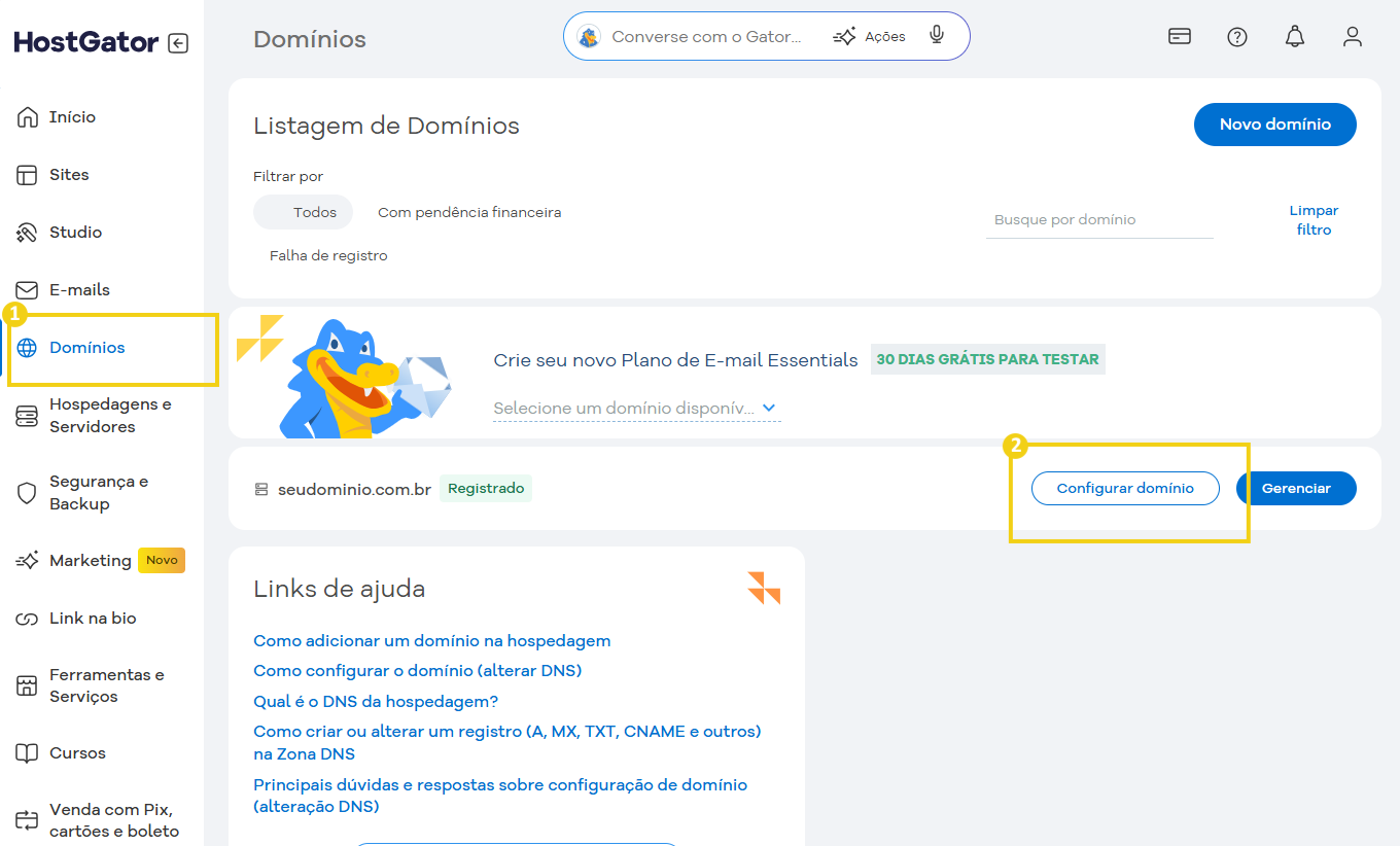 Tela de gerenciamento de domínios no painel do HostGator, mostrando opções de configuração de domínio e lista de domínios registrados.
