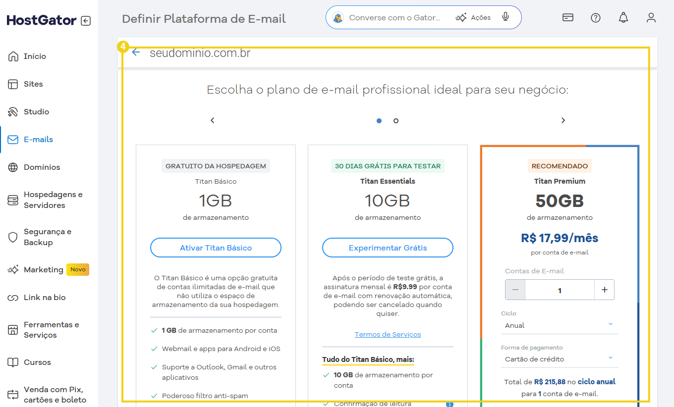 Imagem mostra a tela do Portal do Cliente para escolher o plano de e-mail