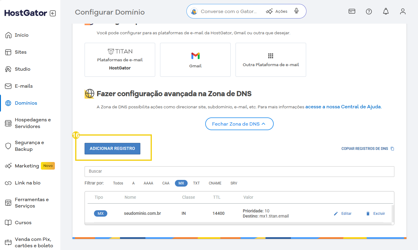 Imagem mostra a tela do Portal do Cliente com a marcação no botão para Adicionar Registro