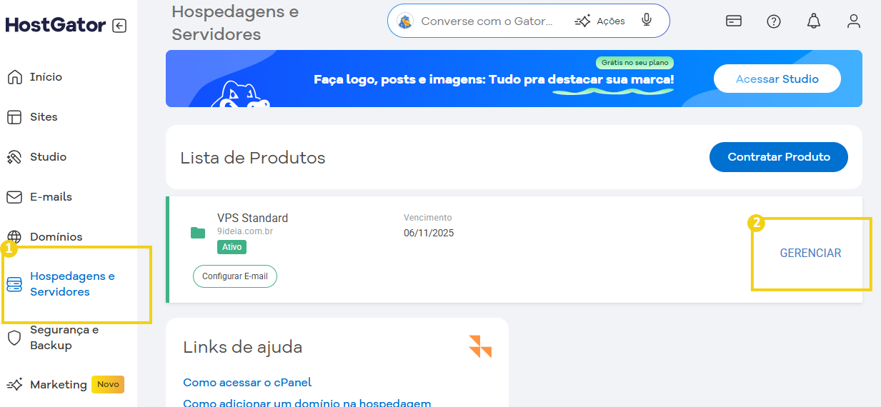 Imagem do painel de controle da HostGator mostrando opções de gestão de hospedagem e servidores, incluindo a lista de produtos e botão de gerenciamento.
