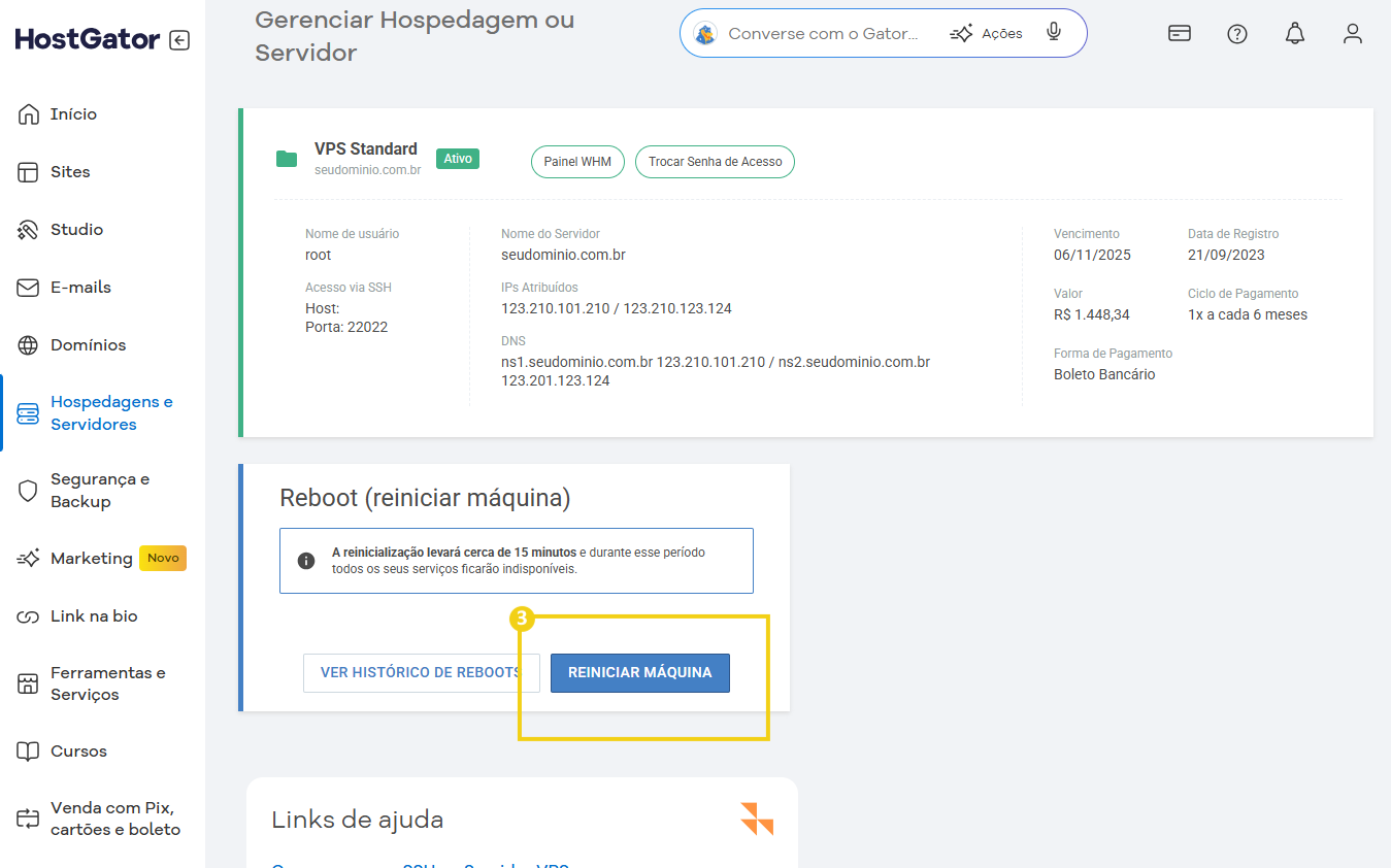 Tela do painel de gerenciamento de hospedagem na HostGator mostrando opções para reiniciar a máquina virtual em interface de hospedagem ou servidor.