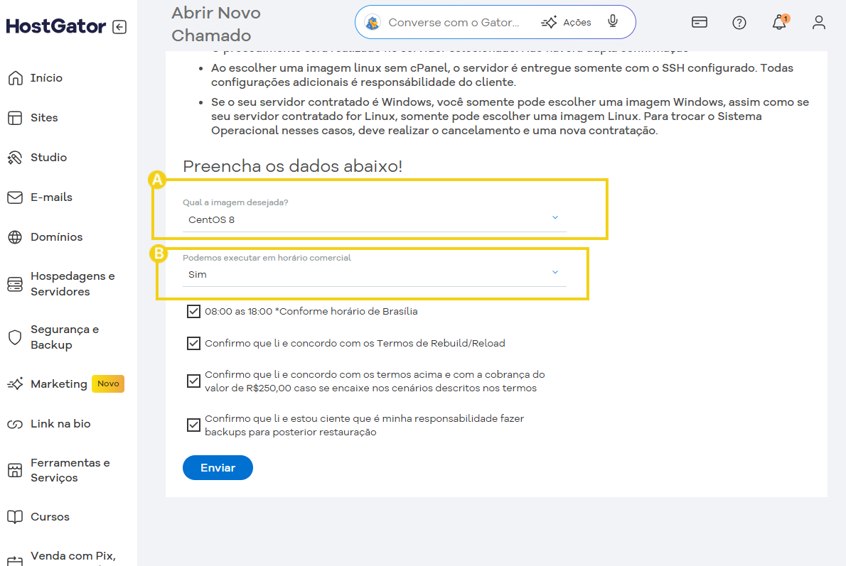 Configuração para criar uma imagem Linux no cPanel, escolhendo sistema operacional Linux, horário comercial e confirmação de termos.