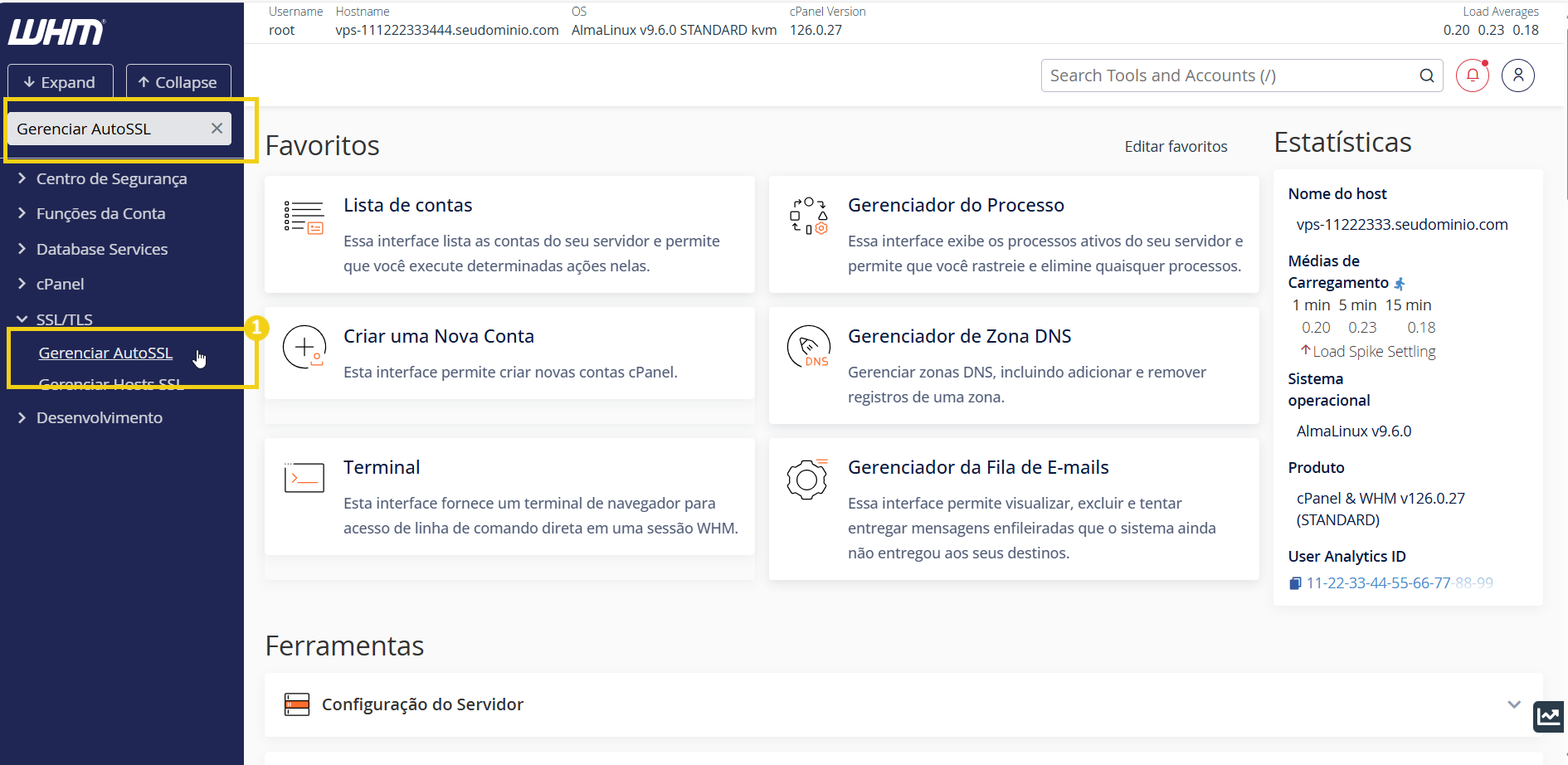 Painel de controle do WHM com destaque na opção 'Gerenciar AutoSSL' no menu à esquerda, mostrando configurações de segurança e gerenciamento de certificados SSL.