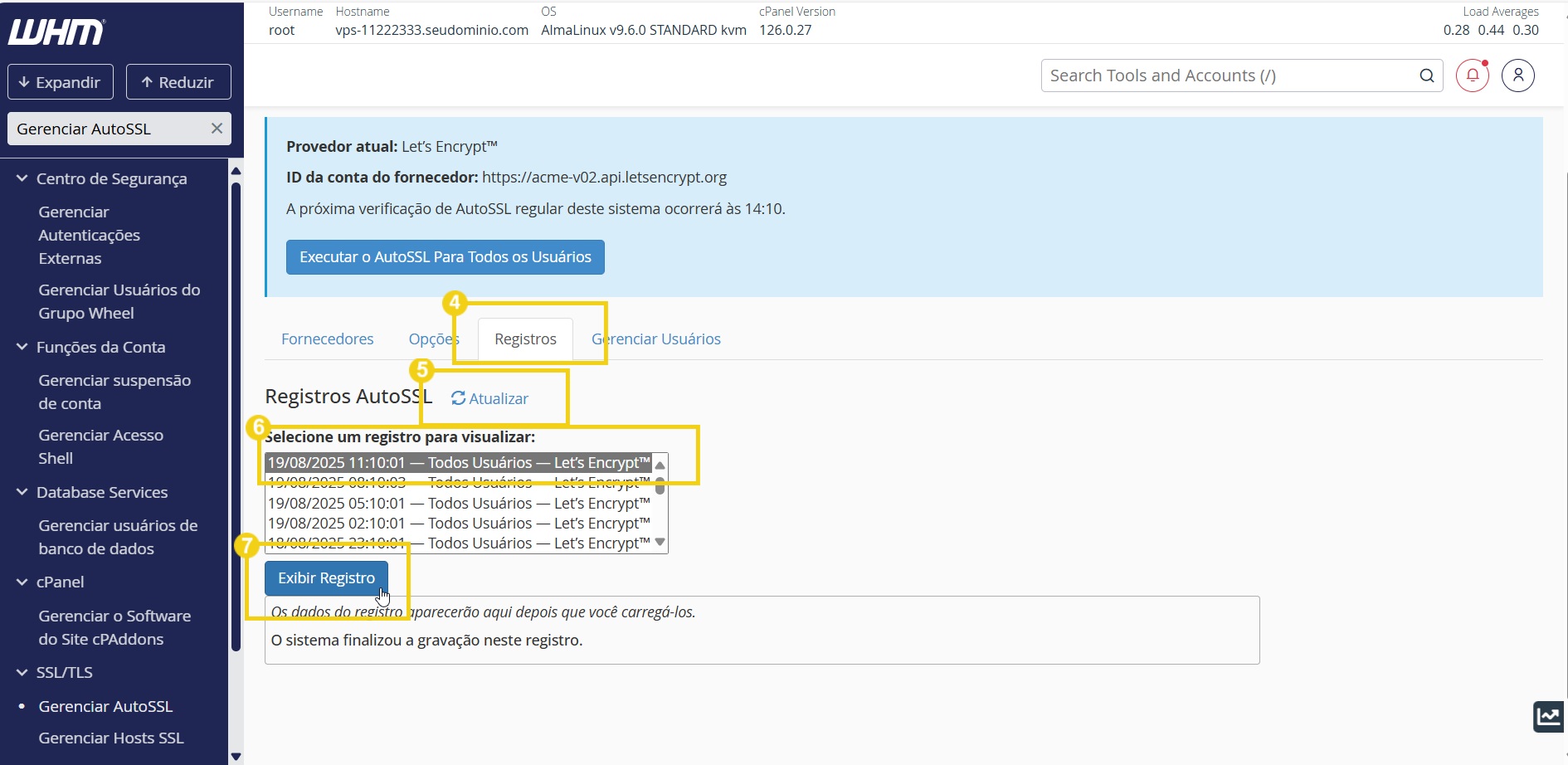 Capítulo da tela do painel WHM mostrando registros de AutoSSL, incluindo a opção de visualizar registros e realizar atualizações, destacado em uma interface de gerenciador de servidores.