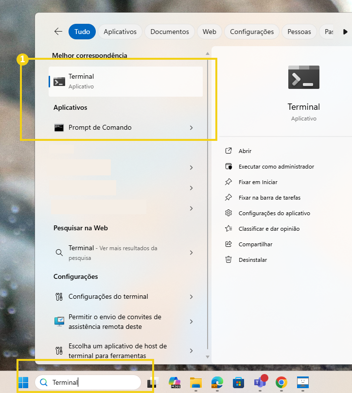 Imagem mostrando a busca por 'Terminal' no menu iniciar do Windows, destacando a opção de aplicativo Terminal e Prompt de Comando, com foco na interface do sistema operacional.