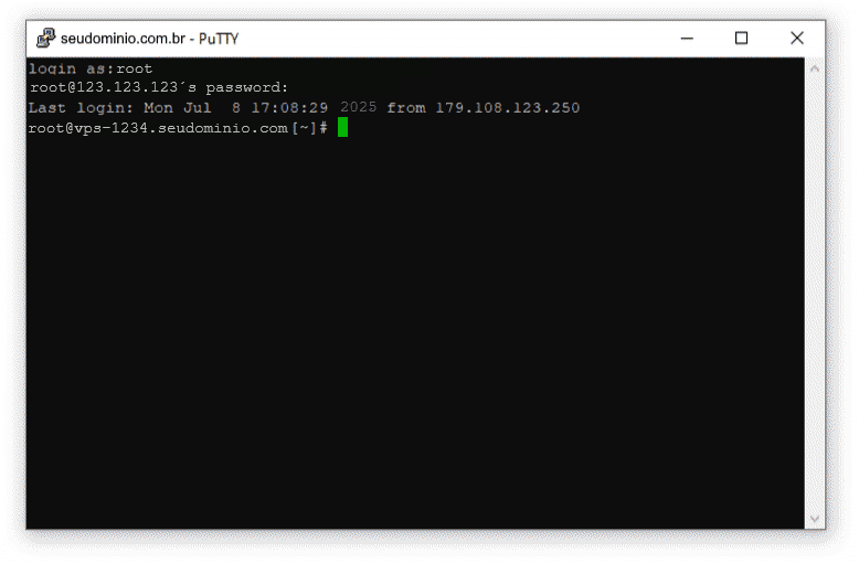 Captura de tela de um terminal de acesso remoto mostrando login como root em uma sessão de gerenciamento de servidor.