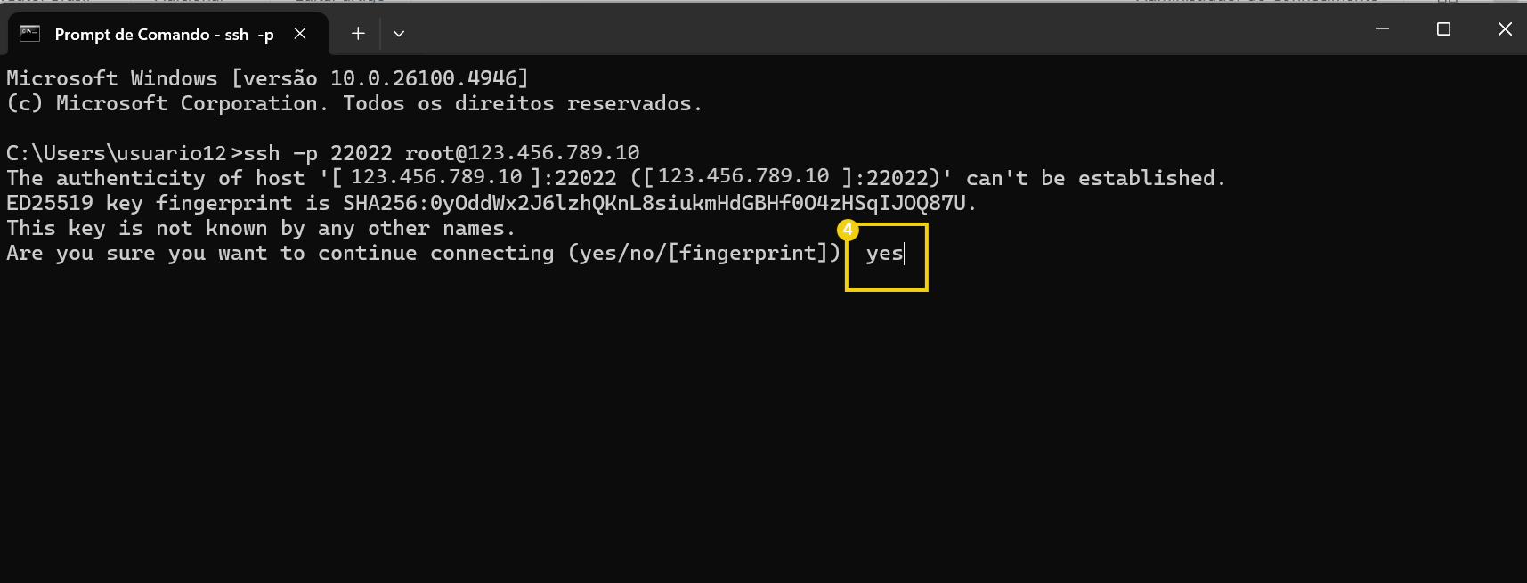 Imagem de uma tela de computador exibindo um terminal mostrando comandos de conexão SSH e autenticação por impressão digital, indicando procedimentos de segurança digital.