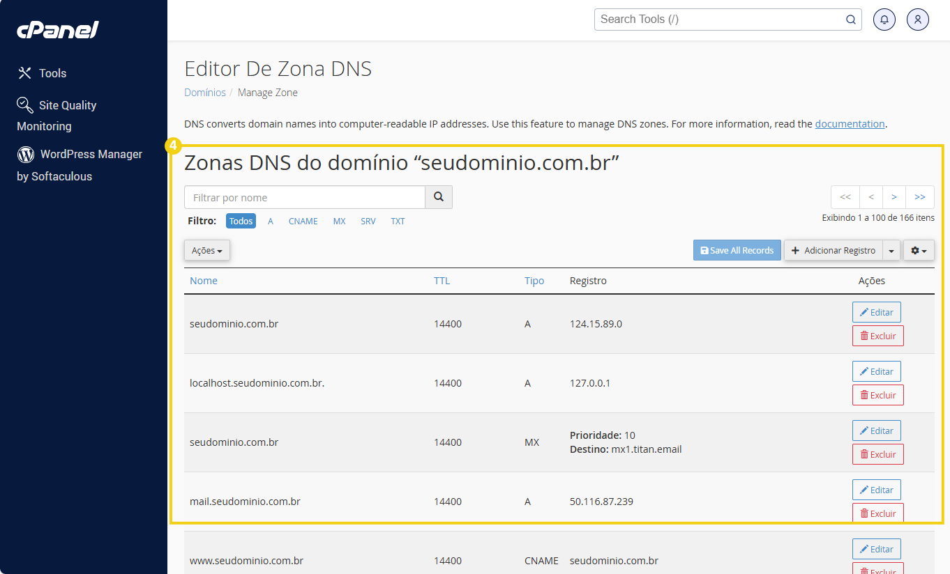 Tela do painel do cPanel exibindo a edição de zonas DNS do domínio seudominio.com.br, mostrando registros A, MX e CNAME para gerenciamento de DNS. 