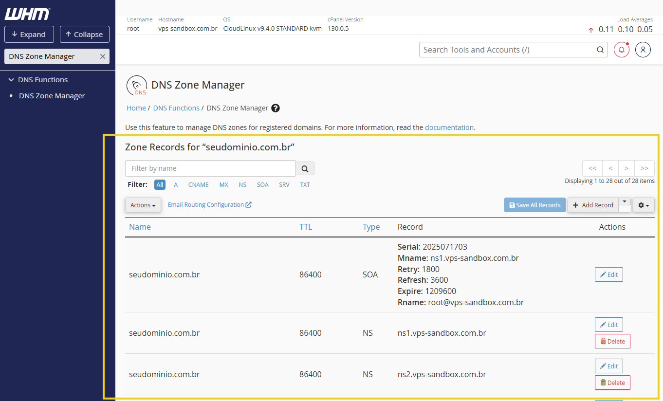 Gerenciamento de zonas DNS no WHM para o domínio seudominio.com.br, exibindo registros NS e configuração do servidor de nomes. 