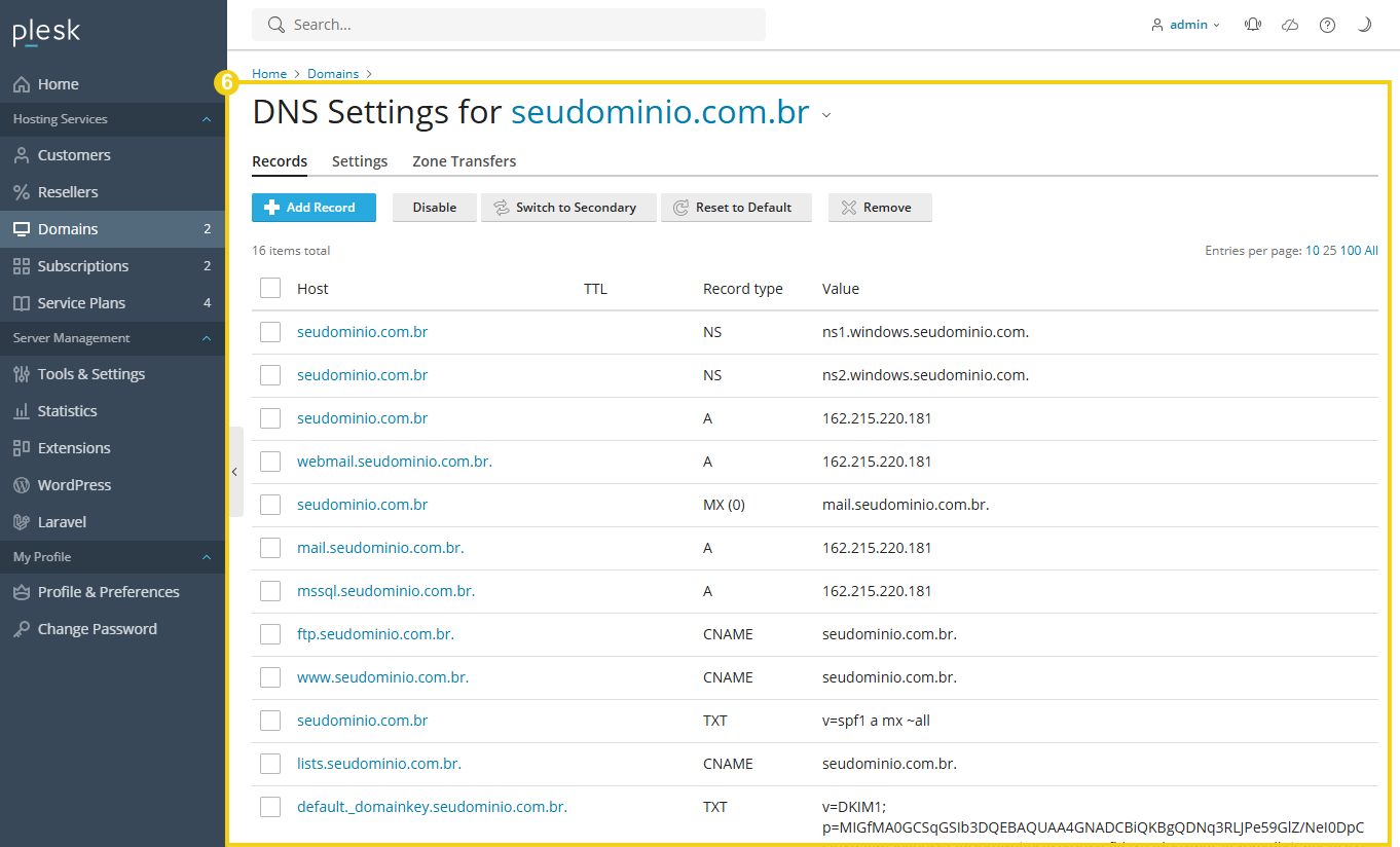 Configurações de DNS para o domínio seudominio.com.br na plataforma de gerenciamento, incluindo registros A, NS, MX, CNAME e TXT