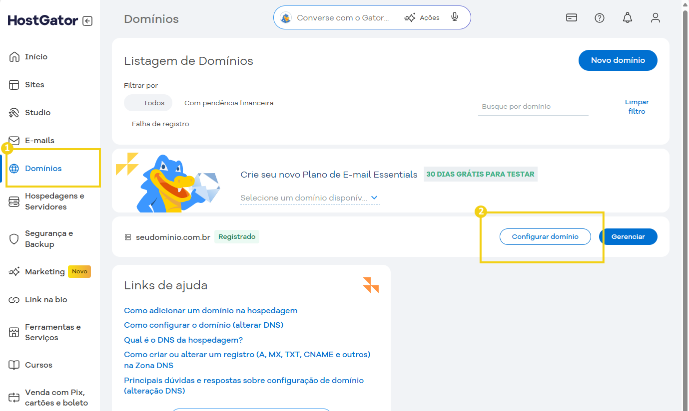 Imagem mostrando a interface do portal do cliente da HostGator, focando na opção de gerenciamento de domínios, com destaque na configuração e lista de domínios.