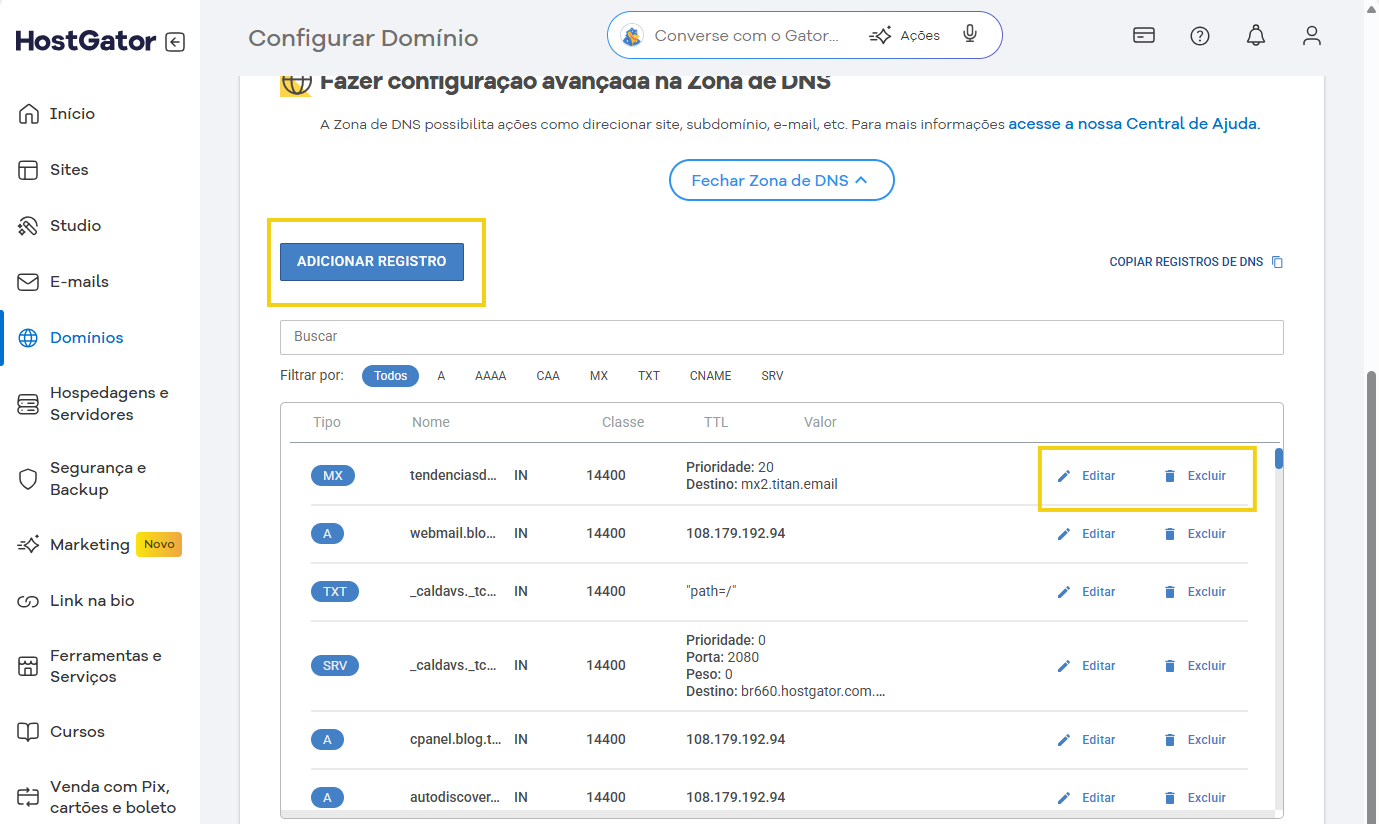 Configuração avançada na zona de DNS do HostGator para melhorar a gestão e segurança do domínio. Inclui edição de registros DNS na plataforma.