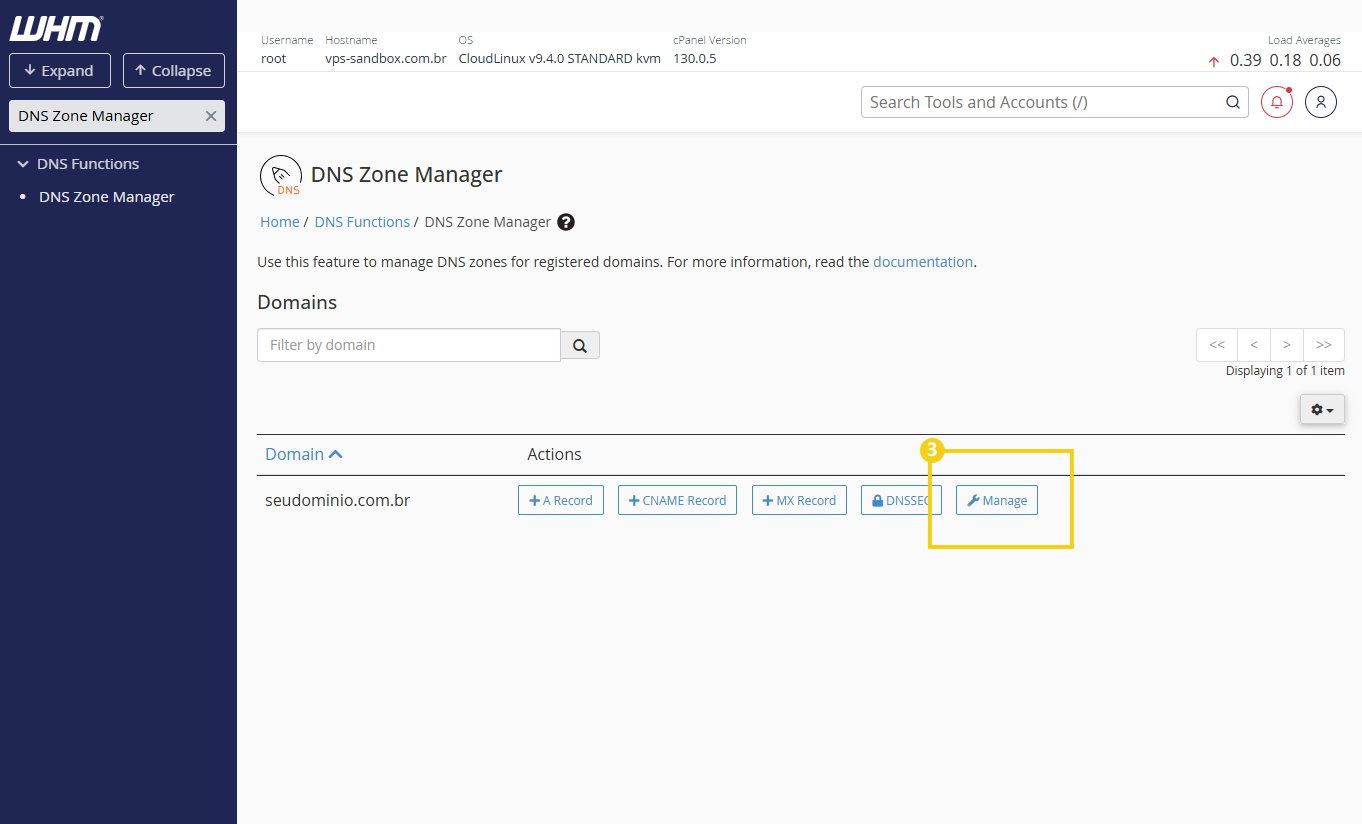  Tela do Gerenciador de Zonas DNS da WHM com a opção de gerenciamento destacada para o domínio seudominio.com.br. 