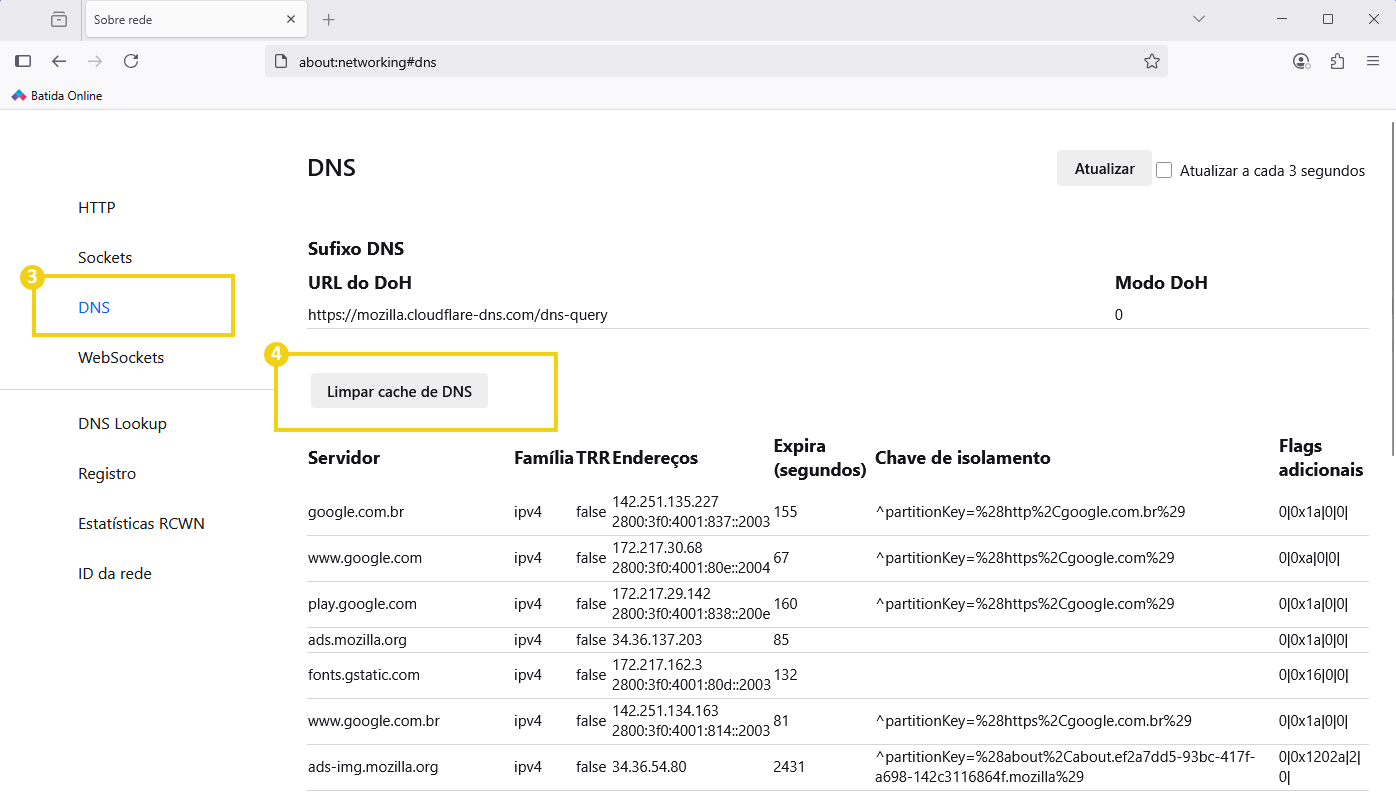 Imagem de uma tela de configuração DNS no navegador, destacando a opção de limpar o cache DNS para otimizar conexão com a internet