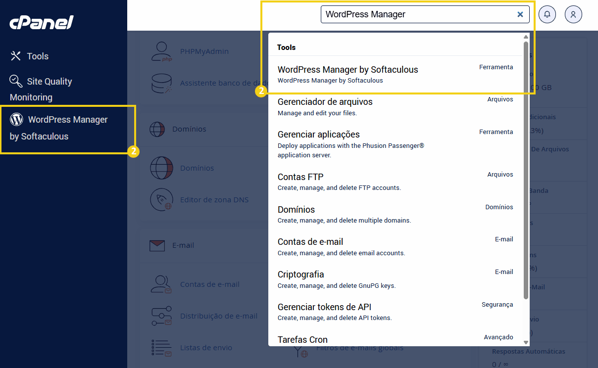  Imagem mostrando como acessar o WordPress Manager no cPanel, destacando o campo de pesquisa e o atalho na barra lateral.