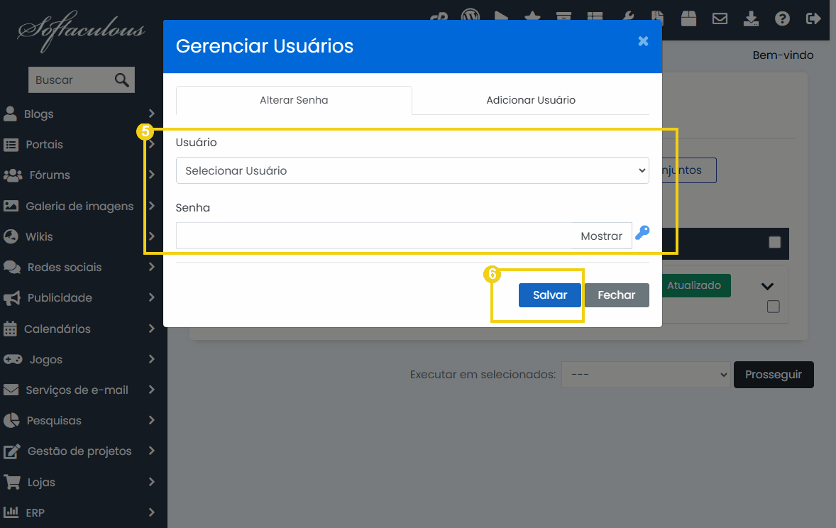 Imagem de tela de um sistema de gerenciamento de usuários com foco no login e atualização de senha, destaque para o botão salvar.