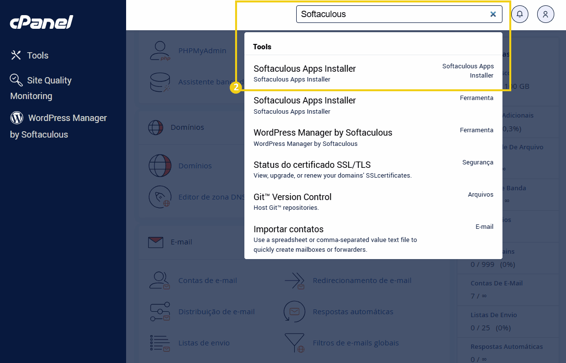 Tela de painel de controle do cPanel mostrando a busca e instalação do Softaculous Apps Installer. 