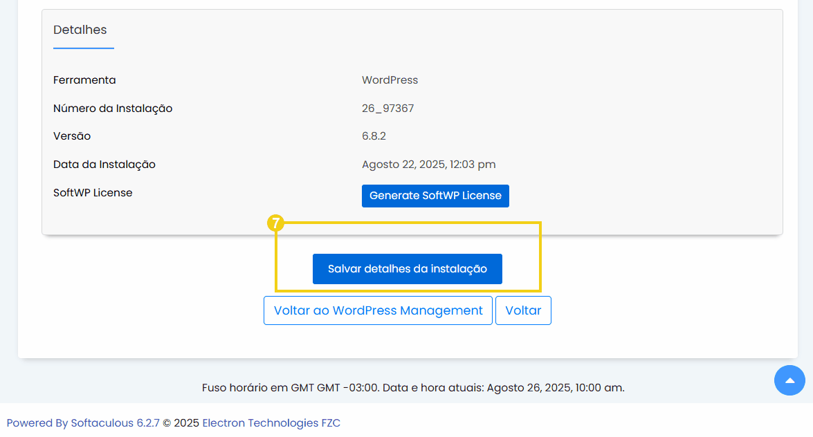 Imagem mostrando detalhes de instalação do WordPress, incluindo a opção de salvar alterações realizadas na instalação.