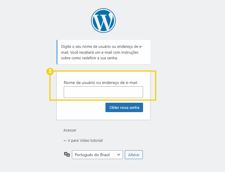Tela de cadastro para redefinir senha no WordPress, exibindo campo para inserir nome de usuário ou email e botão para obter nova senha.