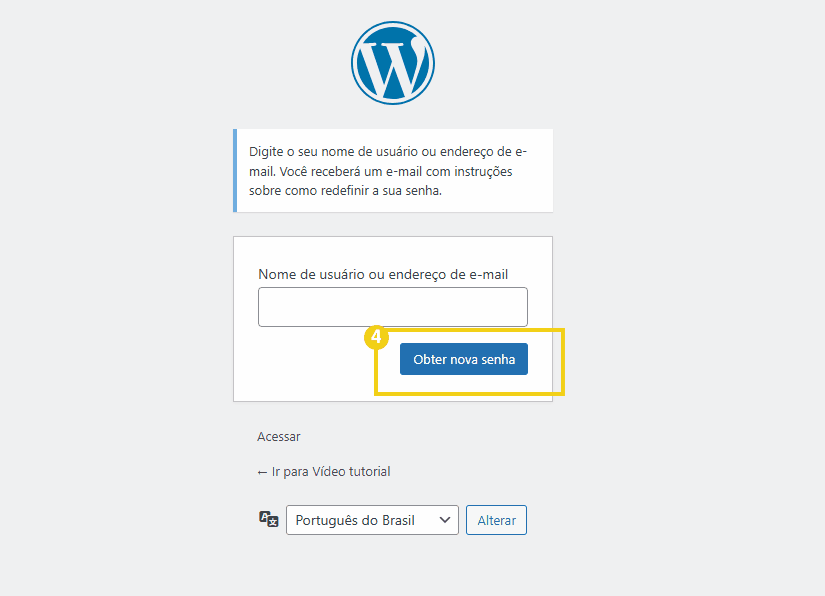 Imagem da tela de cadastro de usuário do WordPress, mostrando campo para inserir nome de usuário ou e-mail e botão para obter uma nova senha.