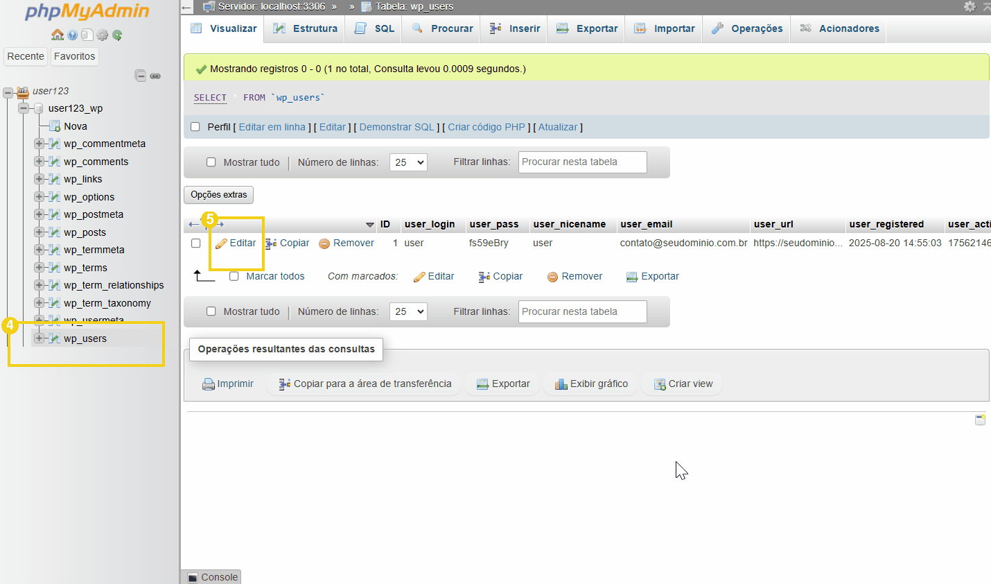 Imagem de uma tela de banco de dados mostrando a tabela 'wp_users' aberta para edição, com opções de comando como editar.