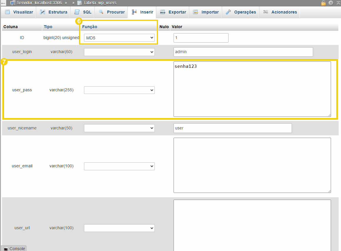 Imagem de uma tela de administração de banco de dados com foco na inserção de informações de usuário, incluindo login e senha.