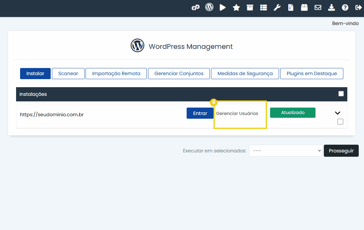 Tela de gerenciamento de usuários no painel WordPress Management, destacando a opção 'Gerenciar Usuários' para alteração de dados de acesso.