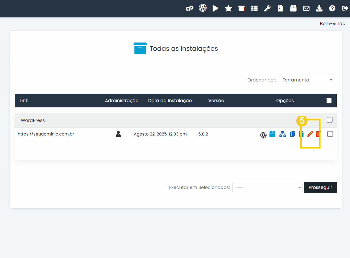 Imagem do painel de controle do WordPress exibindo a instalação do WordPress em uma plataforma de gerenciamento de sites.