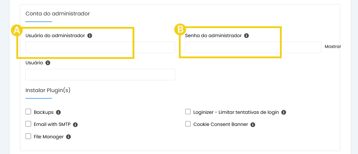 Imagem mostrando uma configuração de conta do administrador, incluindo campos para usuário e senha.