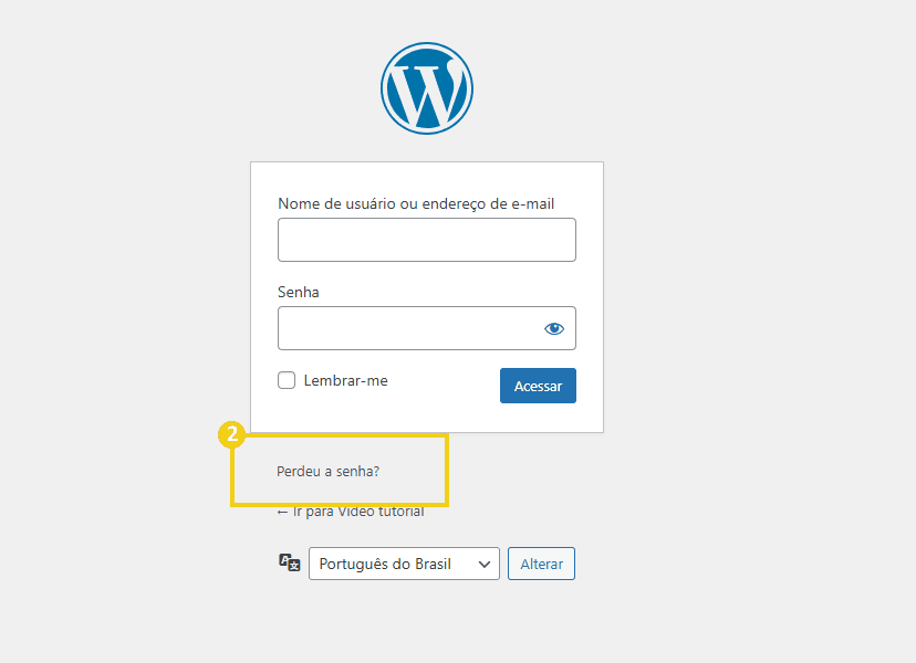 Tela de login do WordPress com destaque para link 'Perdeu a senha'? em destaque amarelo.