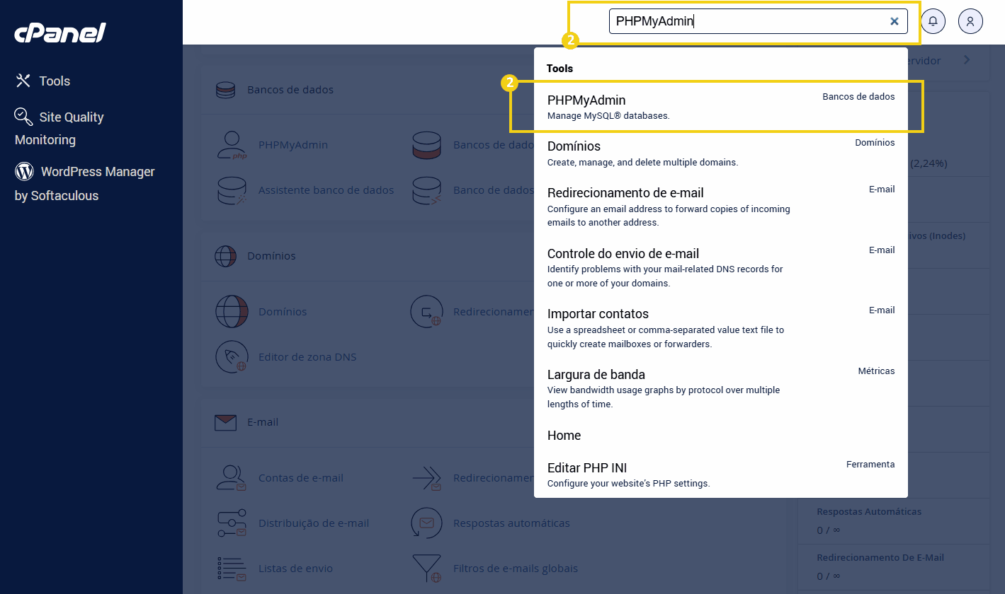 Imagem de painel de controle do cPanel mostrando o campo de busca para acessar o PHPMyAdmin, ferramenta de gerenciamento de bancos de dados MySQL.