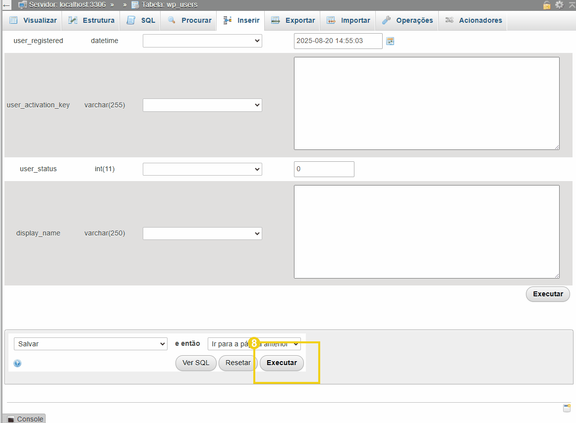 Imagem de uma interface de banco de dados exibindo o processo de execução da alteração de senha do admin do wordpress.