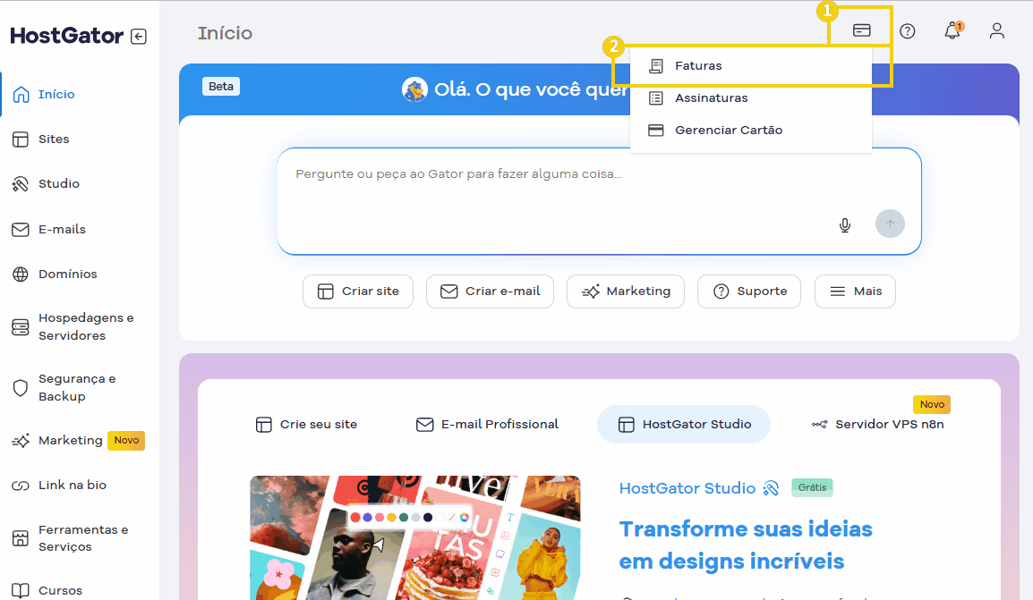 Tela do portal do cliente da HostGator mostrando opções de gerenciamento de faturas a partir do menu superior. 