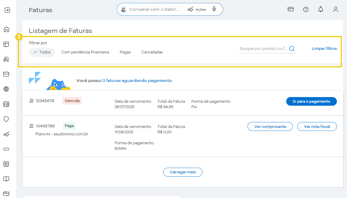 Tela de gestão de faturas, exibindo lista de faturas pendentes e pagas, com opções de pagamento e visualização de comprovantes.