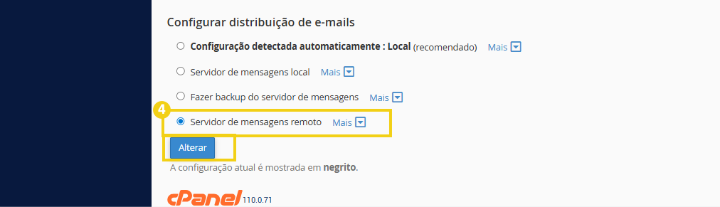 Imagem mostrando configurações de distribuição de e-mails no painel do cPanel, destacando a opção de servidor de mensagens remoto.